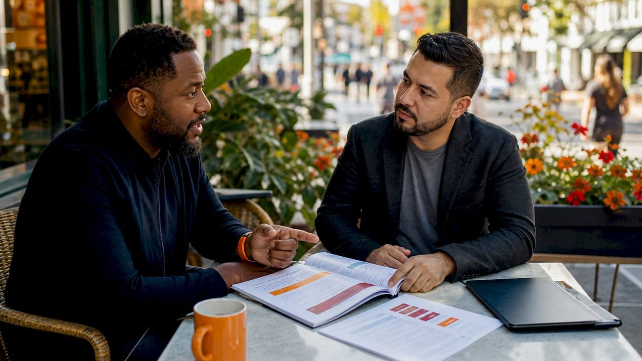 Two men discussing compliance frameworks in café