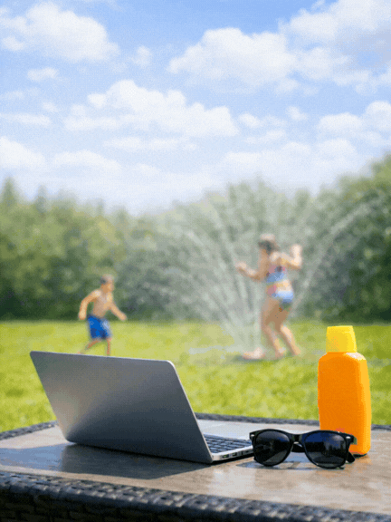 TCS-Social Graphics-June 2026-small | Total Cyber Solutions Laptop on a wooden table outdoors with sunglasses and sunscreen, while two children play with a sprinkler in a sunny park.