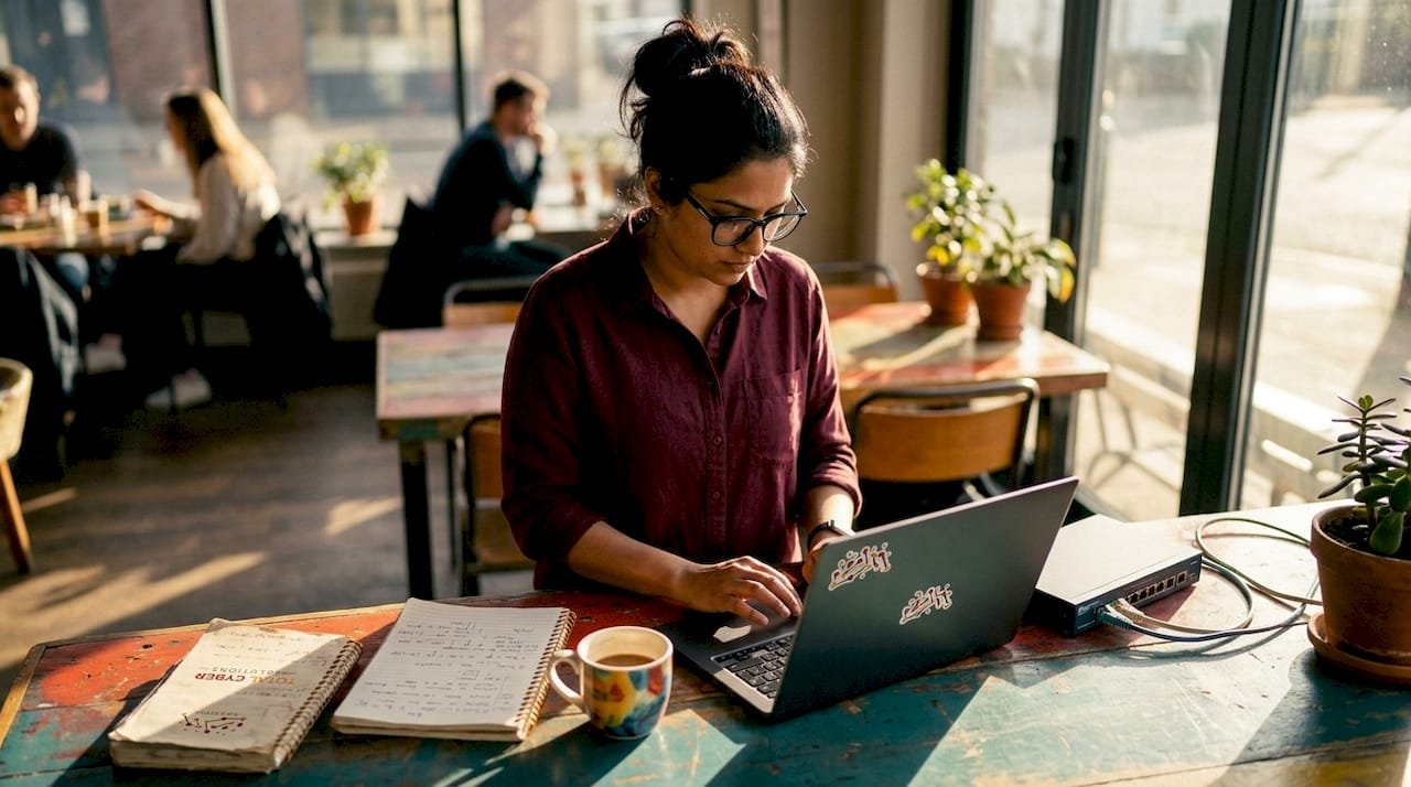 1782889355562_Woman-configuring-small-business-Wi-Fi-security | Total Cyber Solutions Woman configuring small business Wi-Fi security