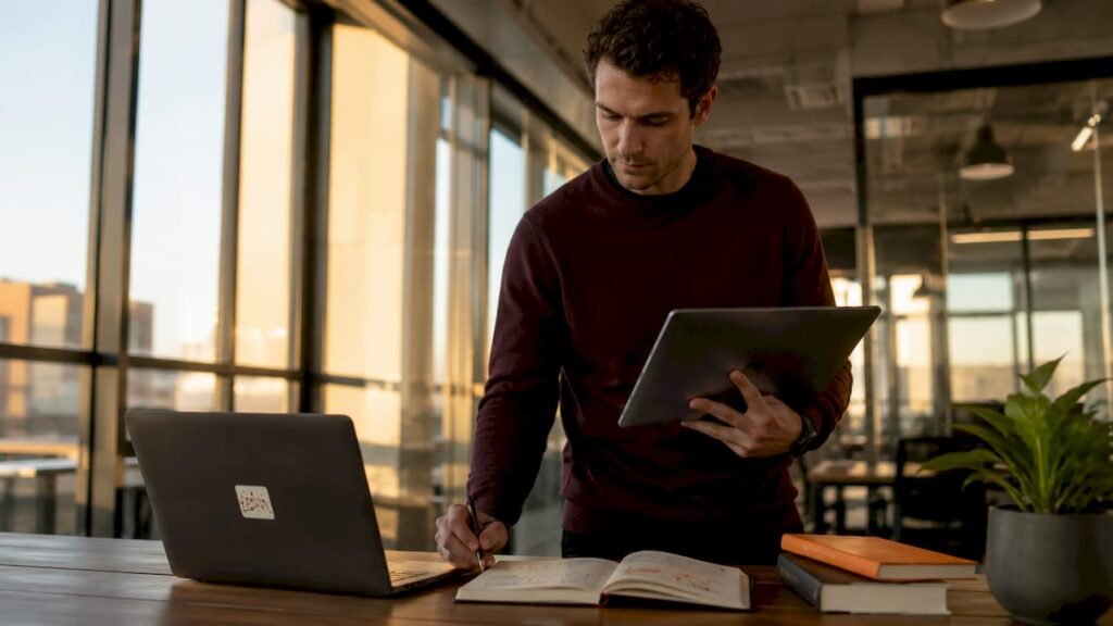 Cybersecurity professional evaluating software at desk