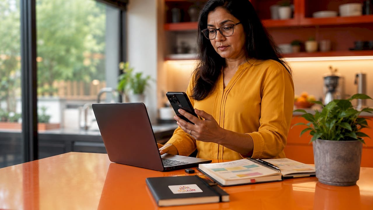 1784049424252_Woman-managing-mobile-device-security-in-office | Total Cyber Solutions Woman managing mobile device security in office