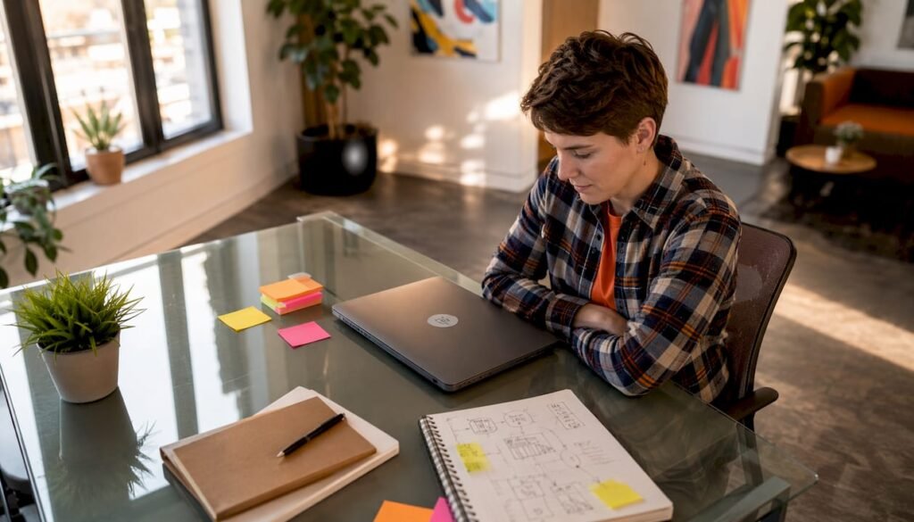 Small business owner working on cloud security at desk