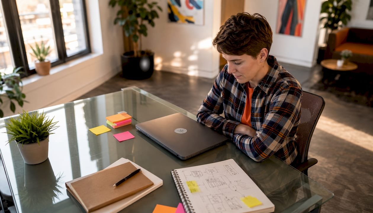 Small business owner working on cloud security at desk