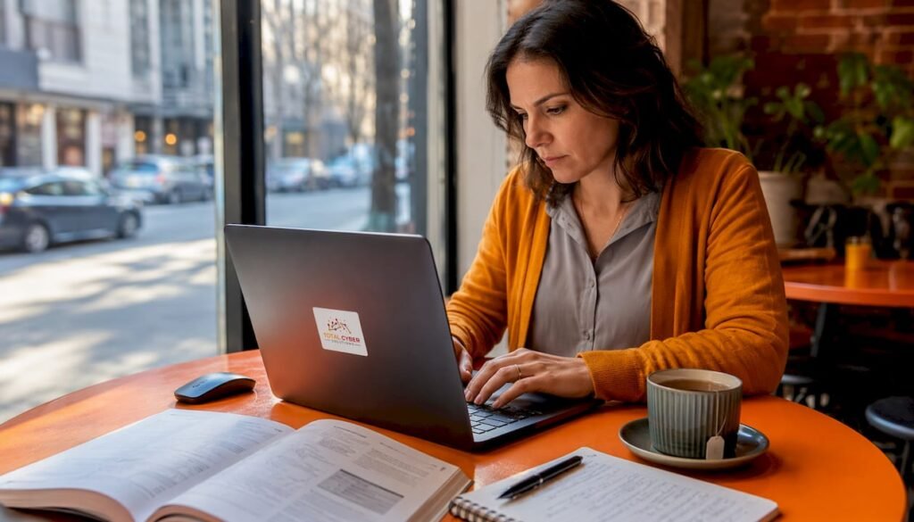 Cybersecurity analyst working in office at laptop