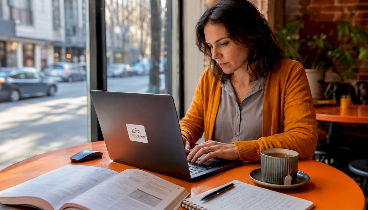 Cybersecurity analyst working in office at laptop