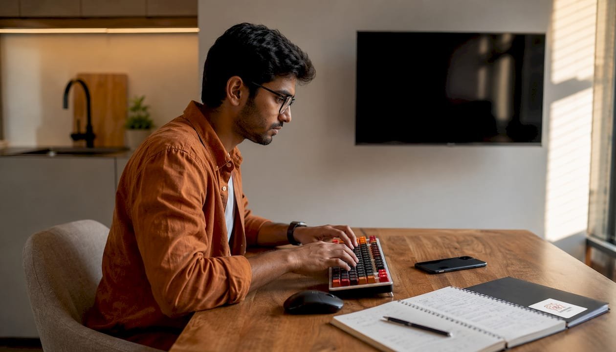 Hands typing at home office desk