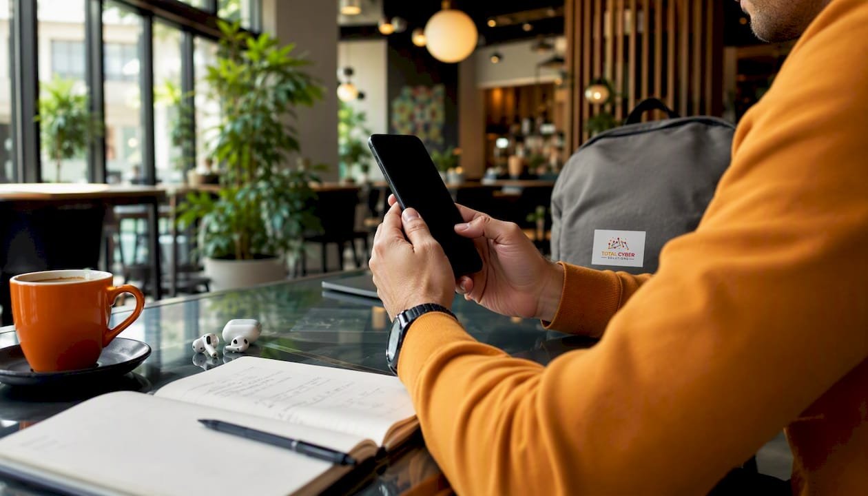Hands activating VPN on phone outdoors