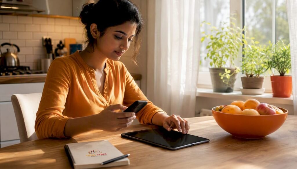 Woman checking mobile device security settings