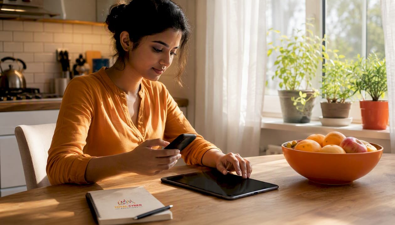 Woman checking mobile device security settings