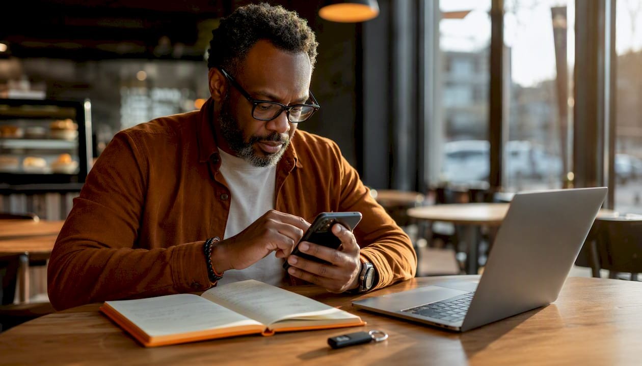 Man updating smartphone security settings