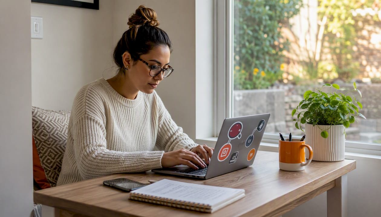 Woman working remotely with laptop in home office