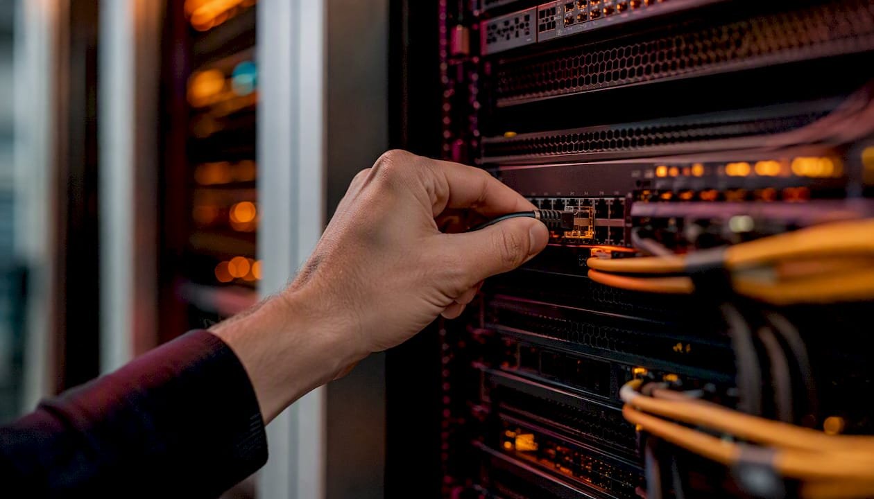 Hand connecting network cable in data center rack