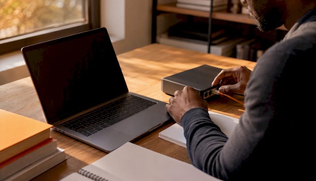 Hands connecting network cable near cybersecurity devices