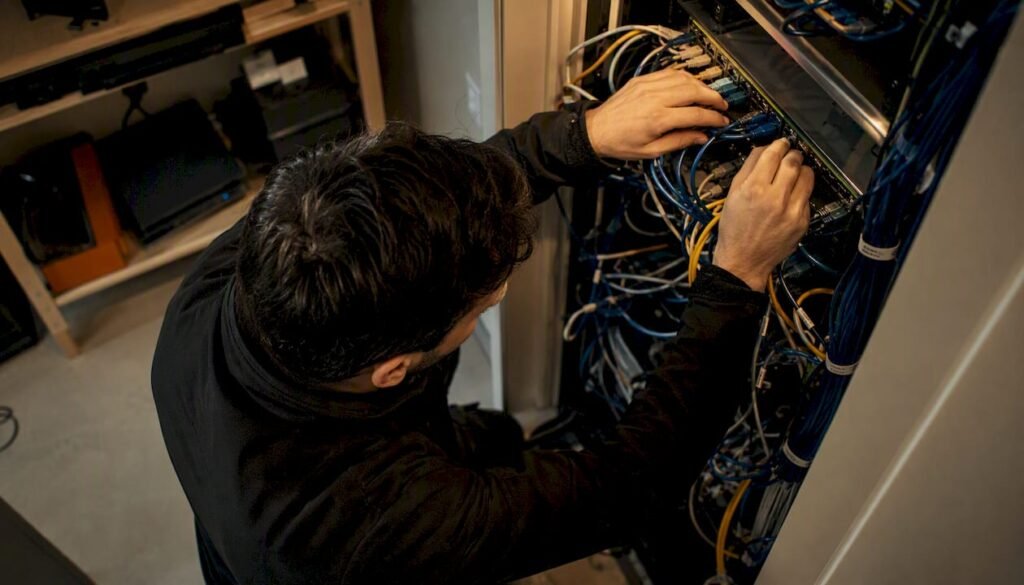 Hands organizing network cables in office