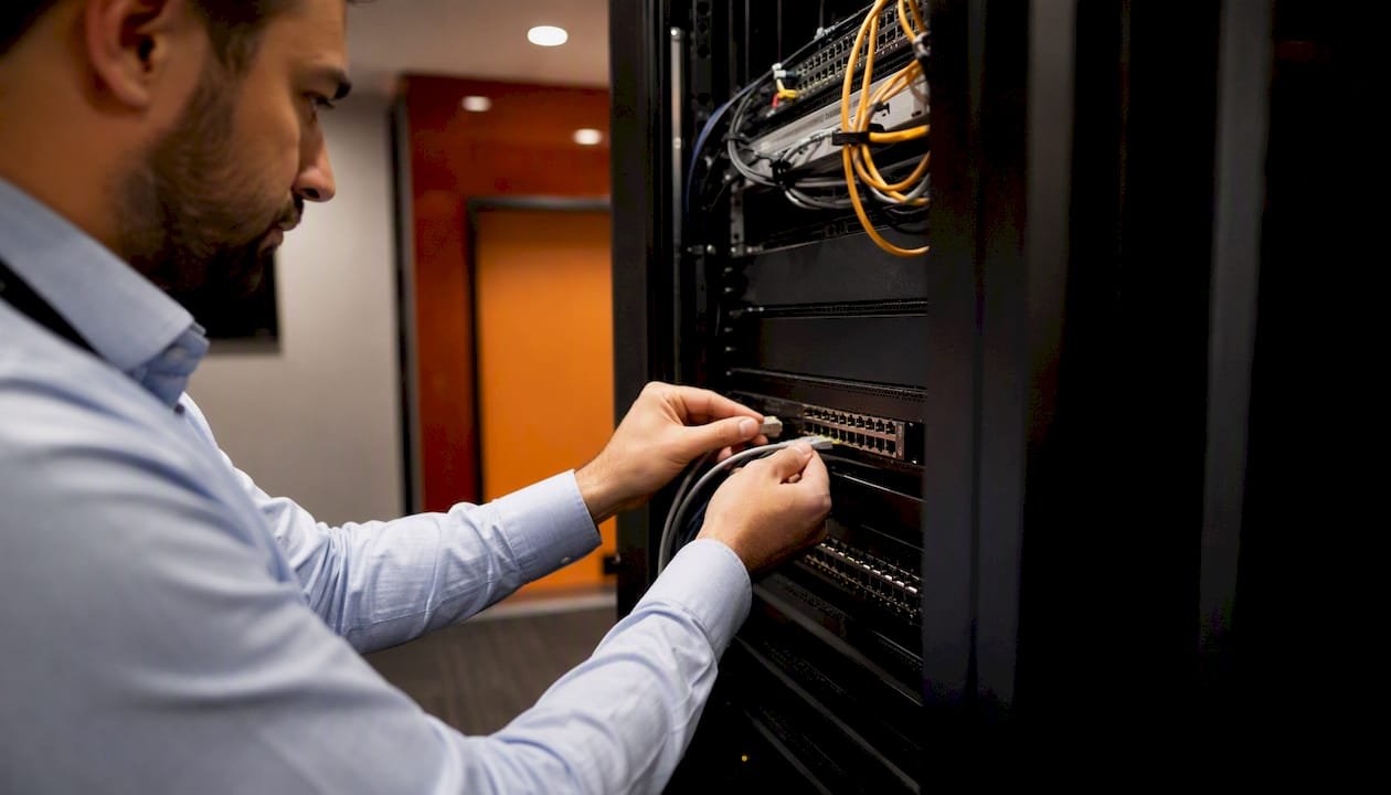 IT technician connecting network cables