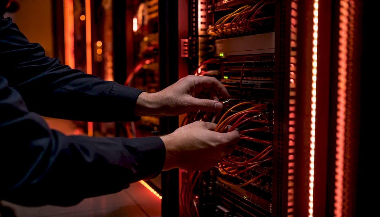 Technician connecting cable in secure server room