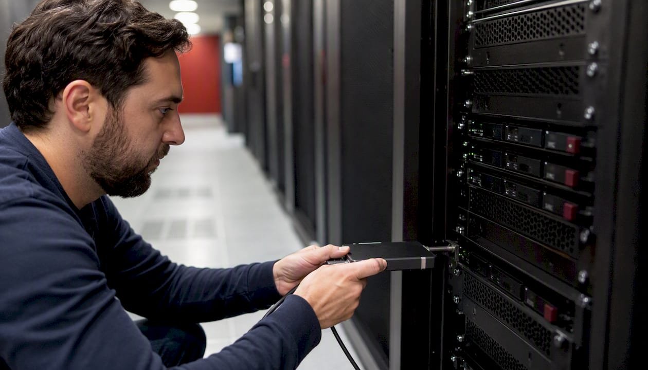 Hands restoring backup in IT server environment