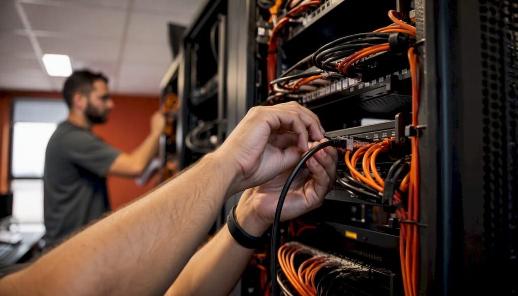 Hands connecting network cable in cybersecurity center