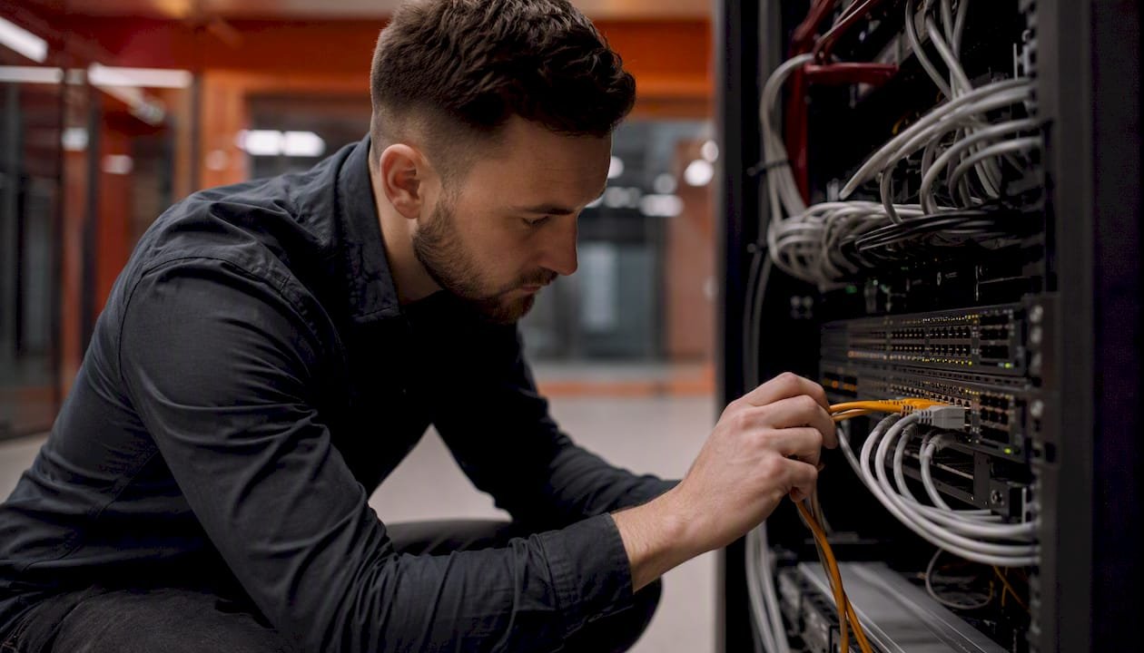 Hands connecting network cable in IT closet