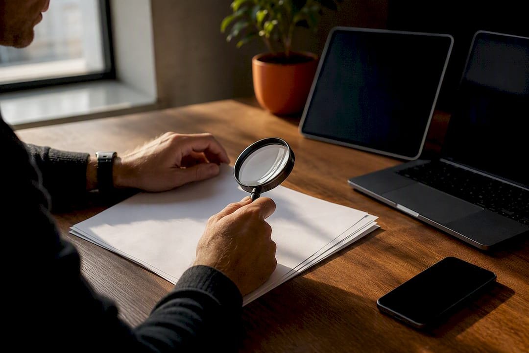 Hands examining cyber threat data with magnifying glass