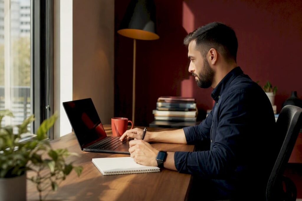 Cybersecurity analyst's workspace with laptop and coffee