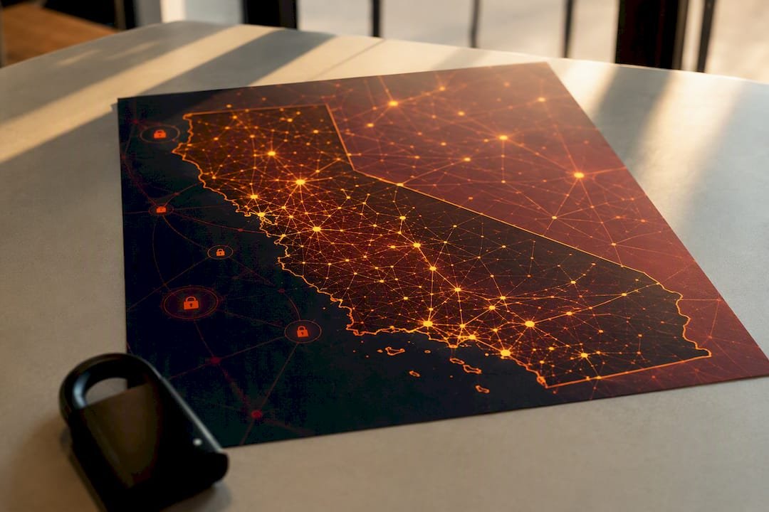 Close-up of California map with digital lock