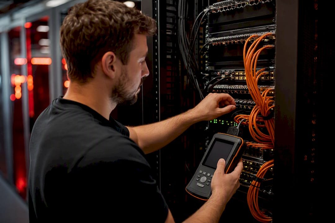 Hand connecting audit device to server rack
