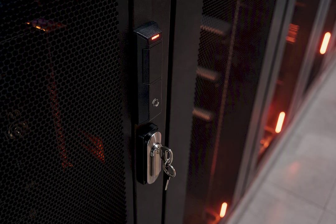 Locked server rack door in cybersecurity room