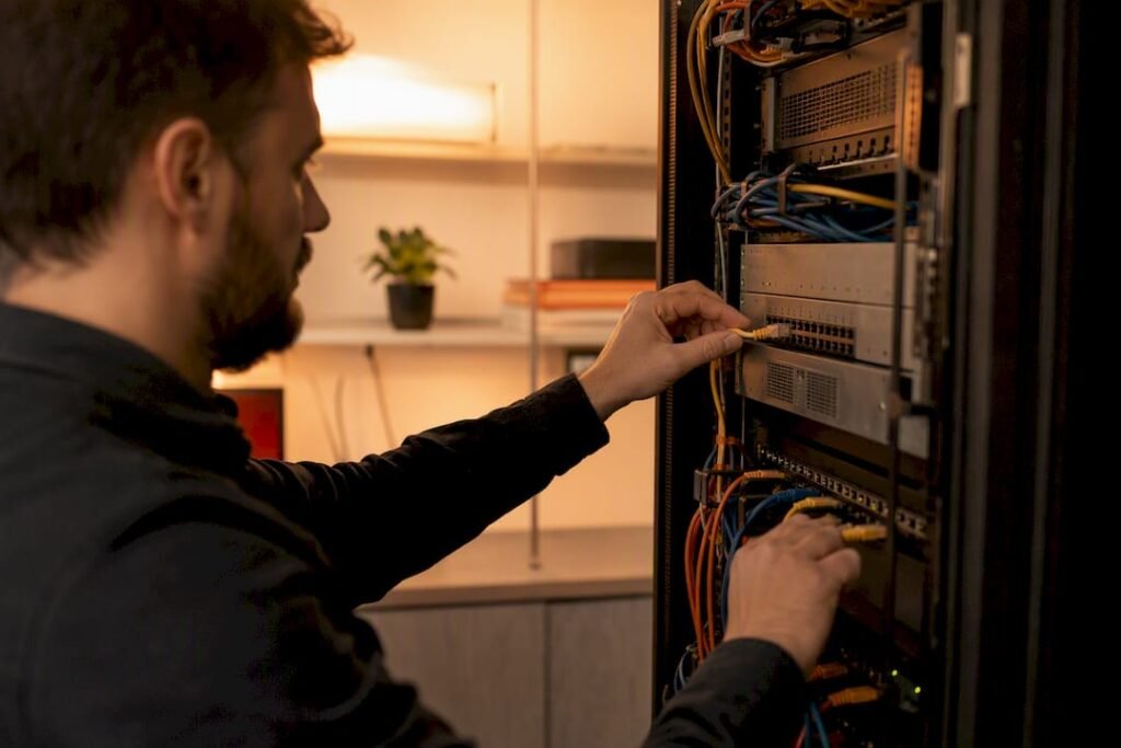 Hands unplugging server network cable