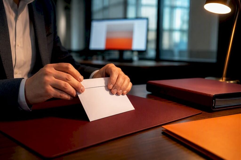 Hands preparing a breach notification envelope