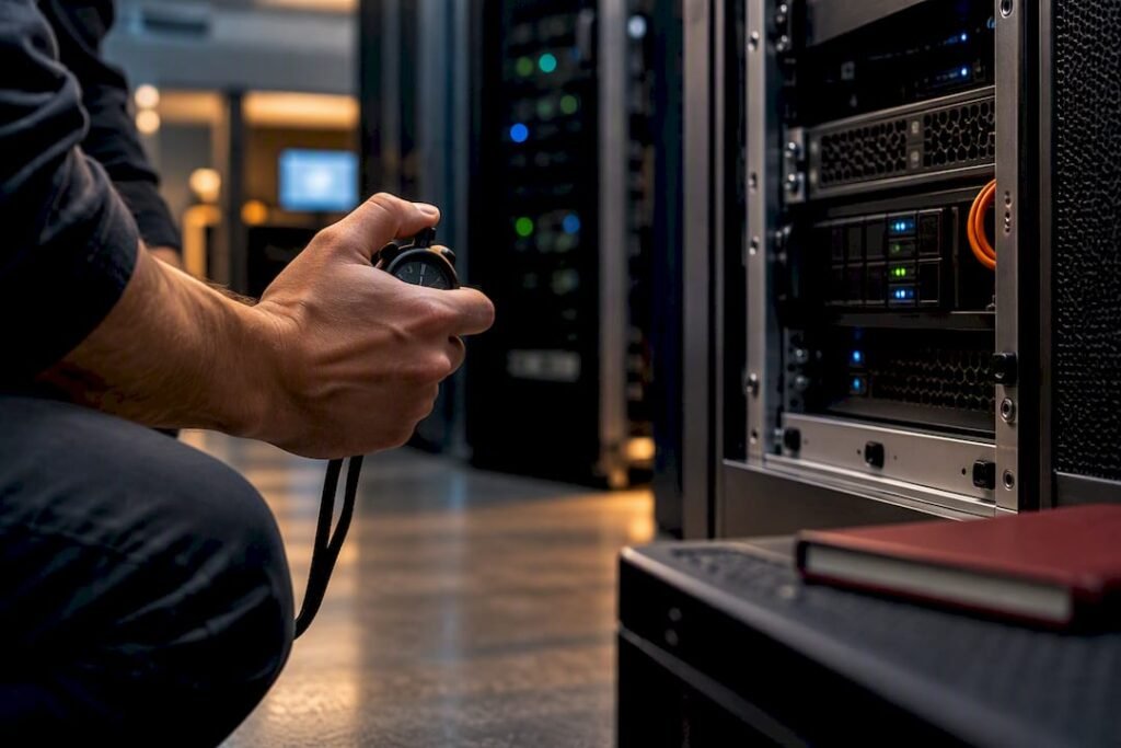 Engineer timing an IT recovery test