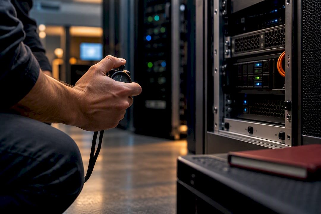 Engineer timing an IT recovery test