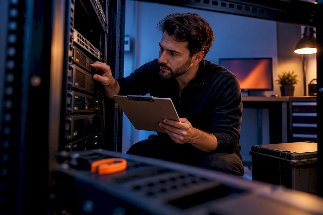 Administrator auditing small business IT equipment