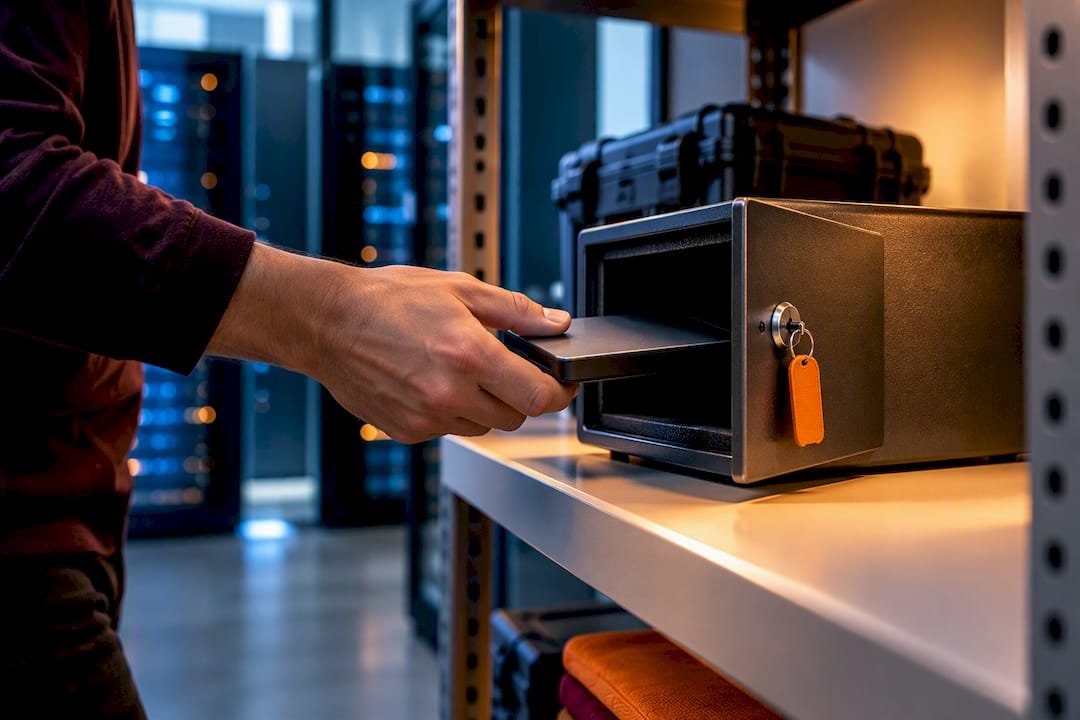 Technician securing an offline backup drive