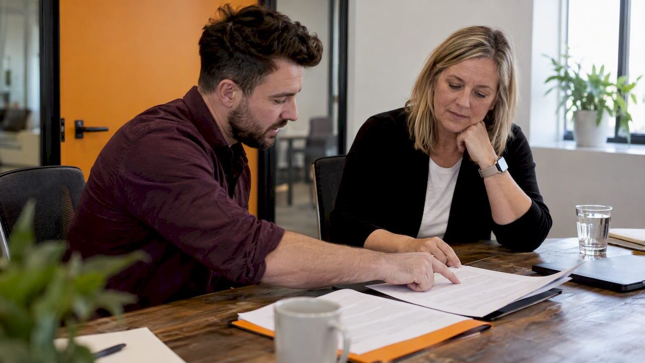 Business owner and tester reviewing scope document